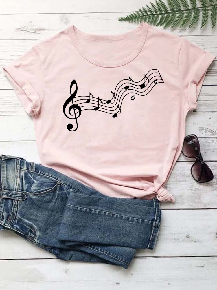 Fashion Women T Shirt Musical Note Printed T Shirt Casual Black Tops 90s Ladies Girls Tee Shirt Female Harajuku Graphic T-shirt