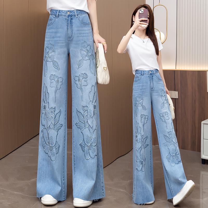 Women's High-Waisted Light Blue Denim Wide-Leg Pants with Rhinestone Embroidery - 2026 Spring/Autumn Chinese Style Slimming Casuals