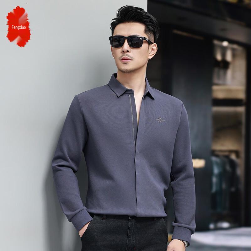 Men s Solid Color Zipper Polo Long Sleeve Shirt 2XL