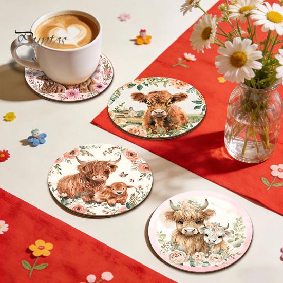 Healing Highland Calf Pattern Gifts Cow Cork Coasters, Cute Floral Farmhouse Drink Mats with Protective Furniture for Office Non-Slip Base,