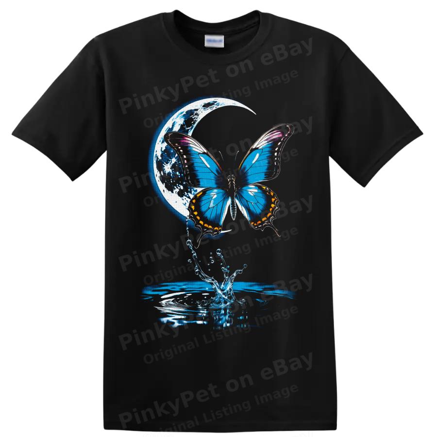Butterfly Moon Water Splash Fantasy Nature Graphic T Shirt Art Insect Blue Tee