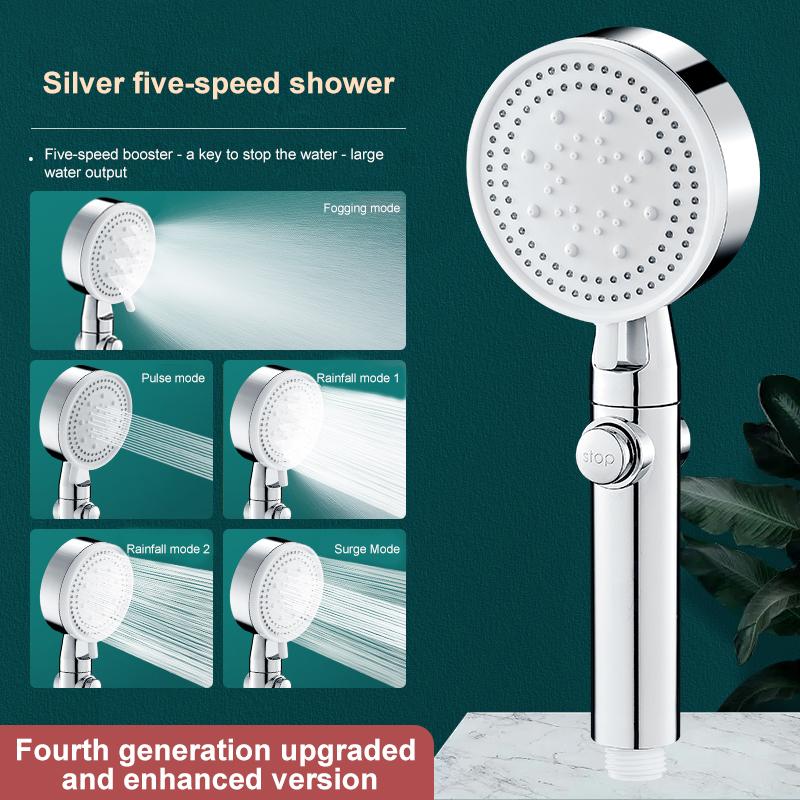High-pressure Shower Head Set 5 Modes of Adjustment Showerhead with Hose Water-saving One-touch Stop Bathroom Accessories