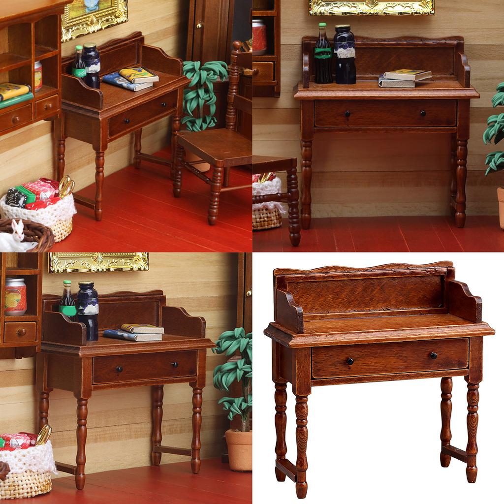 Children Safe 1/12 Miniature Study Desk with Functional Drawer Furniture For Doll House Decors And Imaginative Activity
