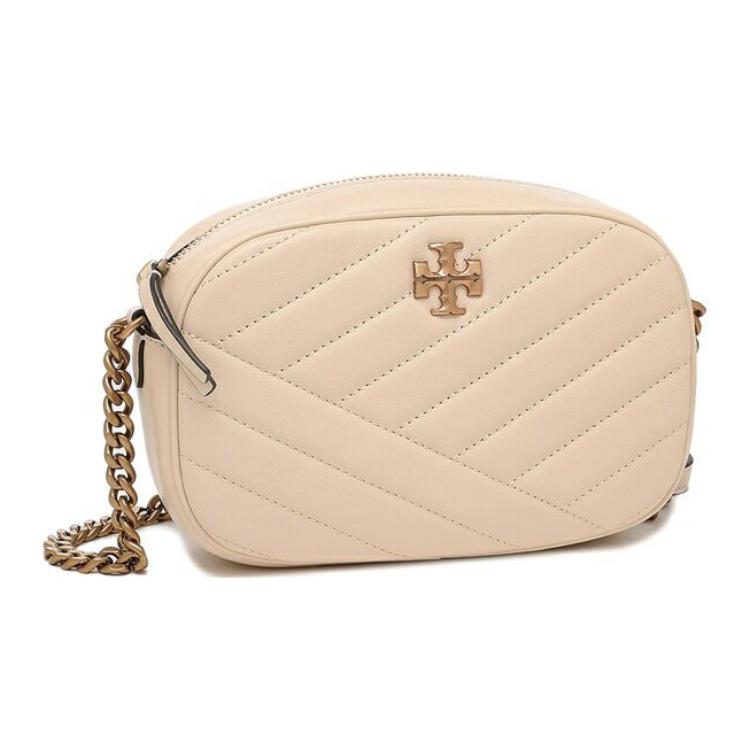 Tory Burch Kira Double T Logo Herringbone Stripe Zipper Camera Bag Women Shoulder Bag New-Cream 152353-122