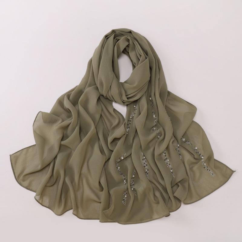 Chiffon Long Scarf With Rhinestones Beads Ethnic Headscarf For Women