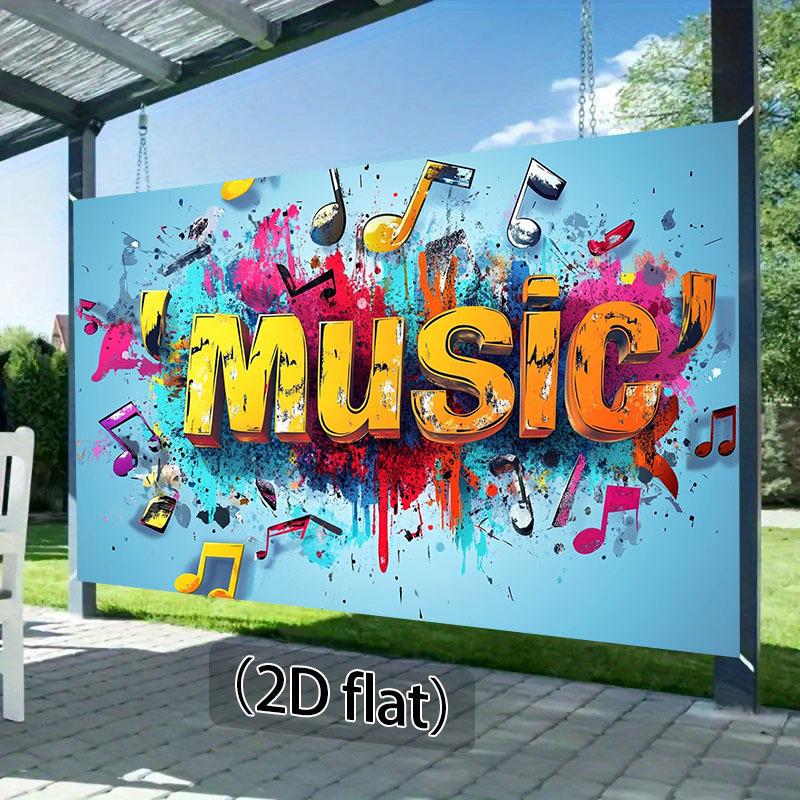 2D graphic design, 2D graphic banner, one vibrant graffiti music-themed background wall decorated with colorsDJH