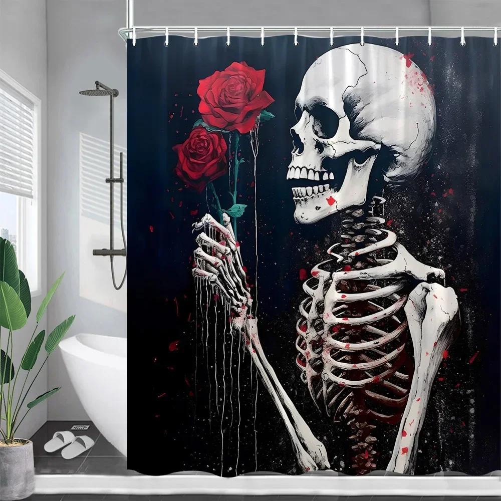 Lustige Skelett-Duschvorhänge Liebes-Totenkopf Schwarz-Weiß Blumen Sternenhimmel Halloween Badevorhang Stoff Badezimmer Dekor Mit Haken