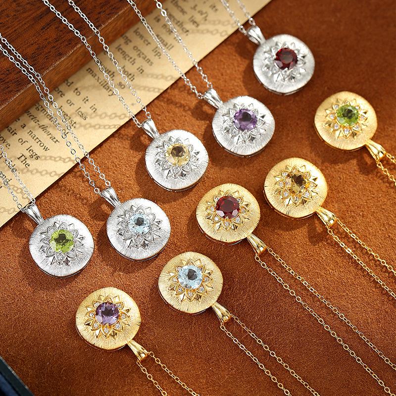 S925 Sterling Silver Necklace with Natural Crystal Pendant Retro French Style Chain for Women