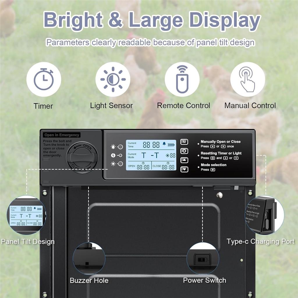 Automatic Chicken Coop Door Solar Powered, Pivot Chicken Door with Timer & Light Sensor, Anti-Pinch Automatic Chicken Door
