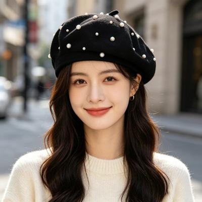 Women S Pearl Plush Beret Hat Vintage Fashion Elegant Lady Hat