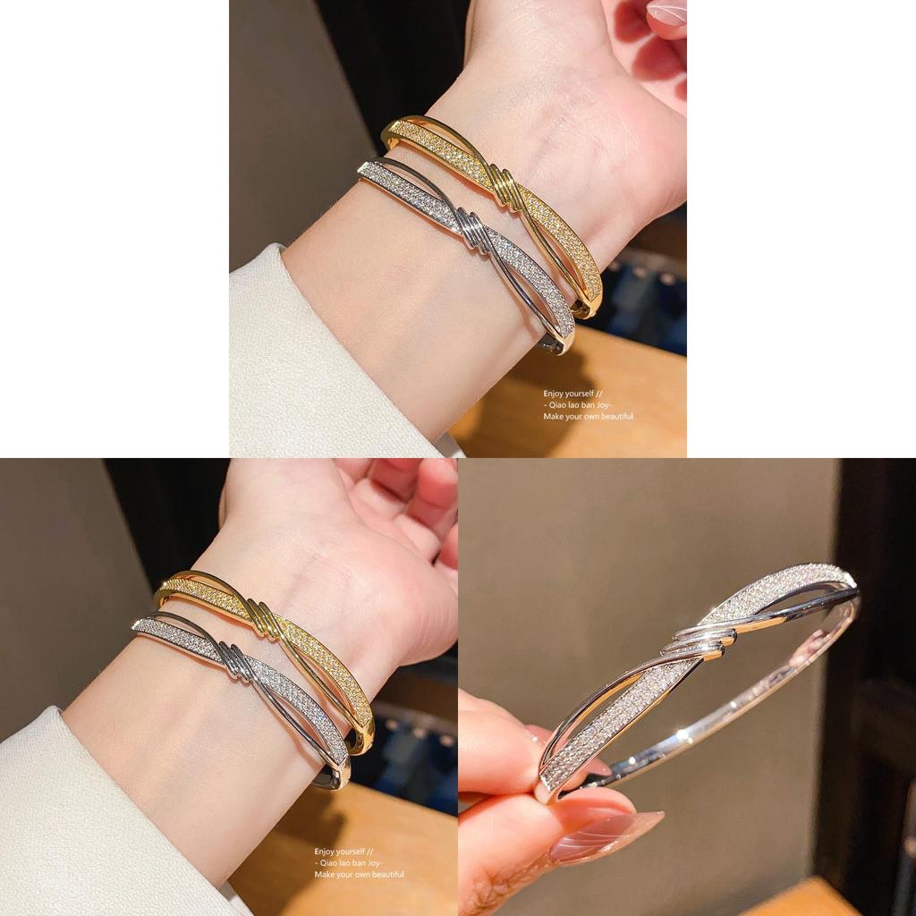 Copper Zircon Wave Pattern Bangle With Gold Plating For Fashionable Women