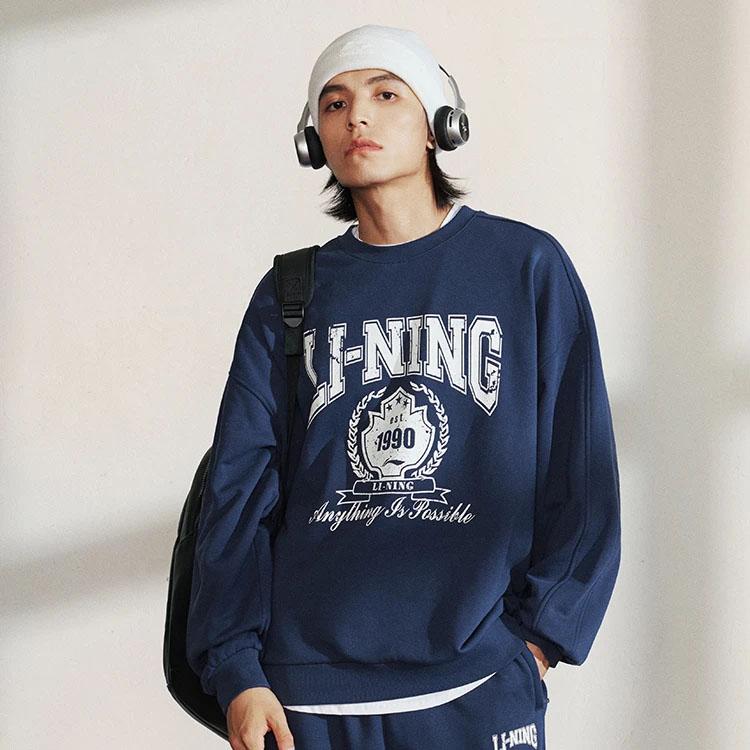 Li Ning Sport Lifestyle Series Letter Number Print Crew Neck Pullover Sweatshirt Unisex Sweatshirt Deep-Navy AWDTB59-3