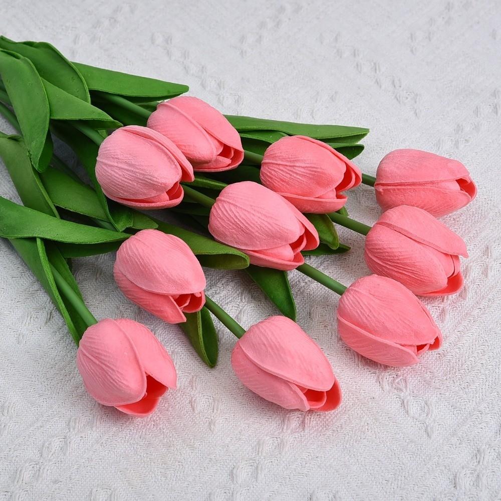 10pcs Artificial Tulips Flower Bouquet Real Touch Fade-Resistant Artificial Tulips Long Branch Tulips Fake Flower Wedding
