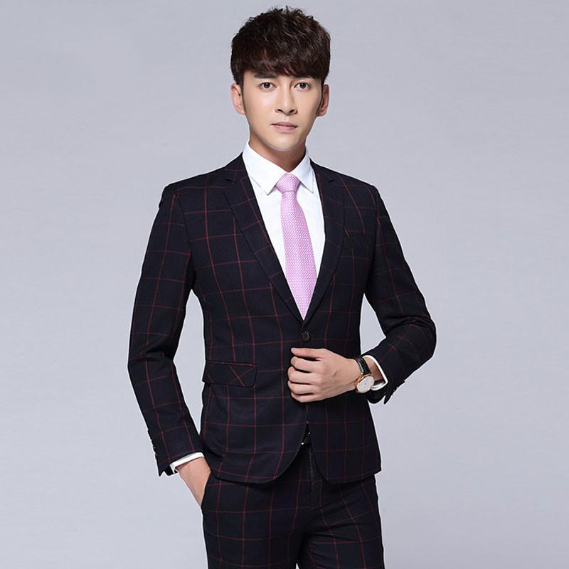 

Men s Slim Fit Three-Piece Plaid Suit - British Korean Style Wedding Tuxedo Blazer XXL