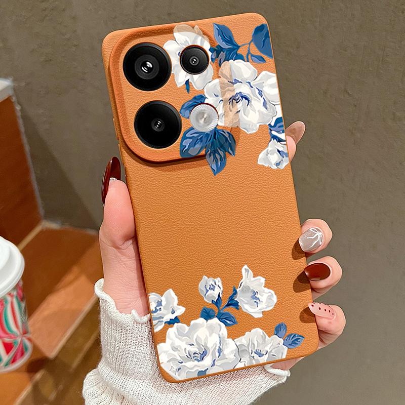White Gardenia Floral Pattern Case For Xiaomi 14T 13T 11T Pro Funda Redmi Note 14 13 12 11 Pro 5G 4G Leather Texture Silicone Cover