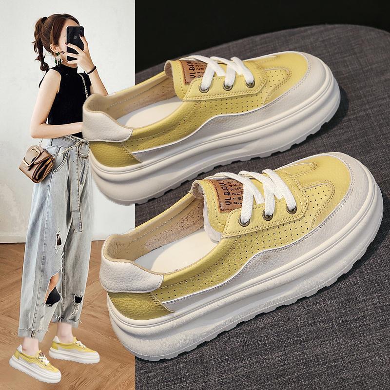 Women's Summer New Thick Bottom Board Shoes Breathable Leather Surface Anti-slip Heightening Casual Outdoor Ladies White Sneaker
