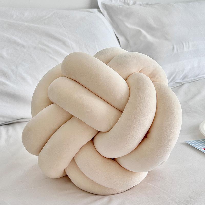 Coussin Décoratif Rond à Pompons Noués à Deux Brins pour Canapé Coussin en Velours Tissé à la Main Oreiller de Chevet