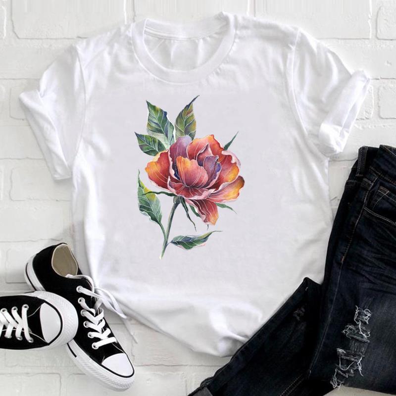 (European Size) 90s Tee Top Fashion Flower Watercolor Lovely T Shirt Clothing Casual Short Sleeve Women Print Lady Female Graphic T-shirt