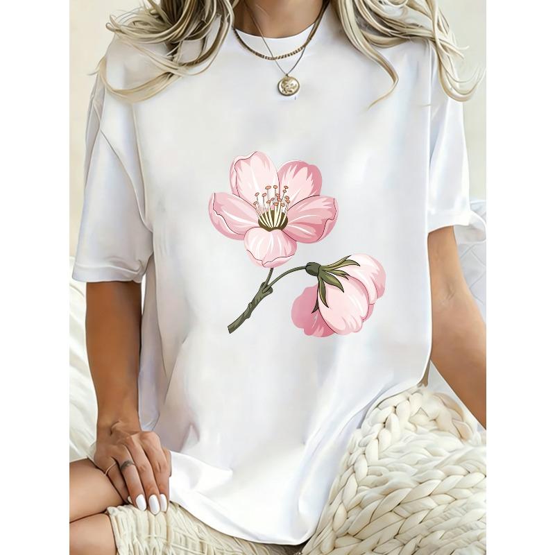 Oversized T-shirtklänning Svart Körsbärsblommig Blommig Tryck Dam Vardaglig Sommaroutfit