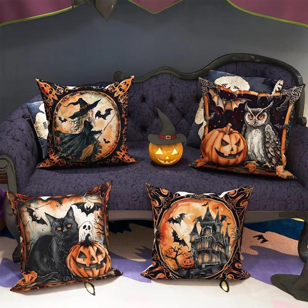 1Pc Halloween Holiday Pillow Cover 18X18 Inch Polyester Print Retro Style Holiday Decoration Home Sofa Cushion Cover