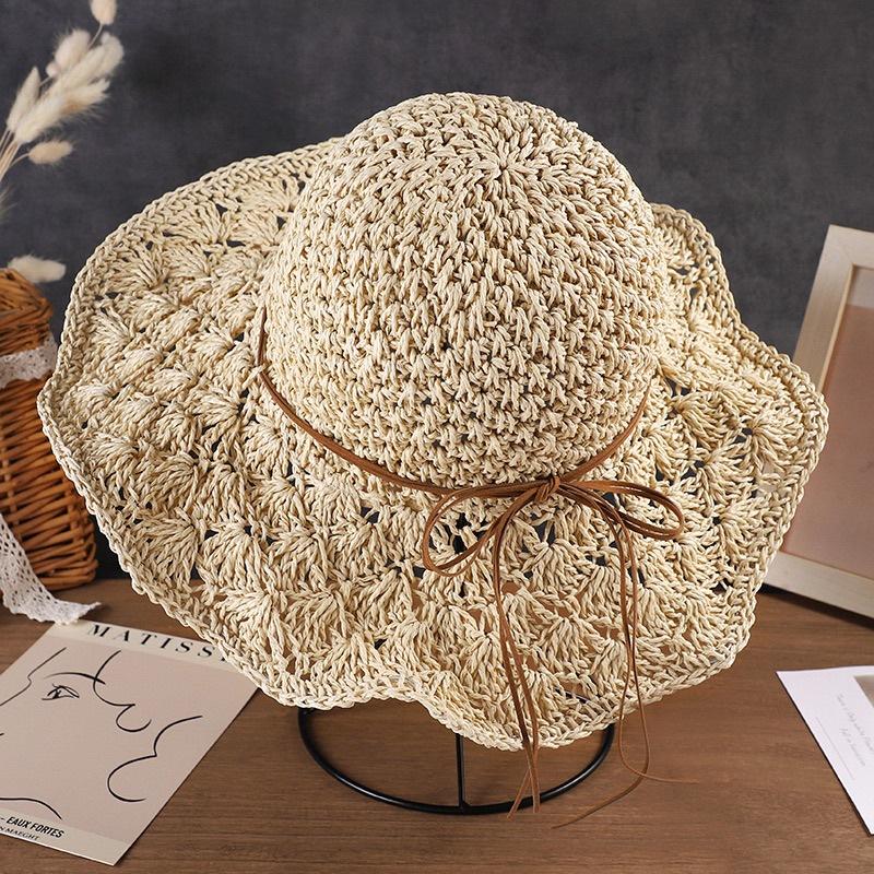 Pearl straw hat summer travel sunscreen sunshade bucket hat new straw seaside vacation net red hat