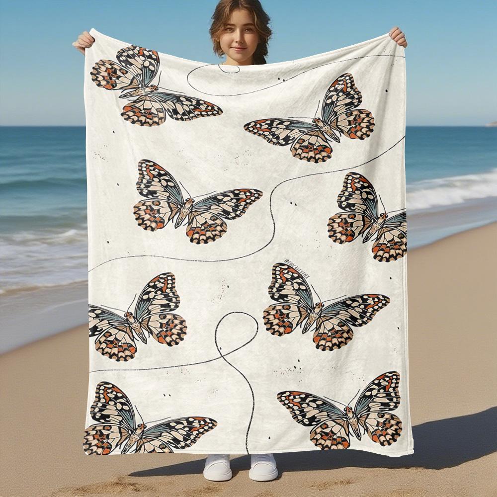 1PC Butterfly PrintOutdoor Flannel Blanket - Soft Plush Decor for Picnics, Camping, Bedroom, Playroom, Office, or Lunch Break 1282A