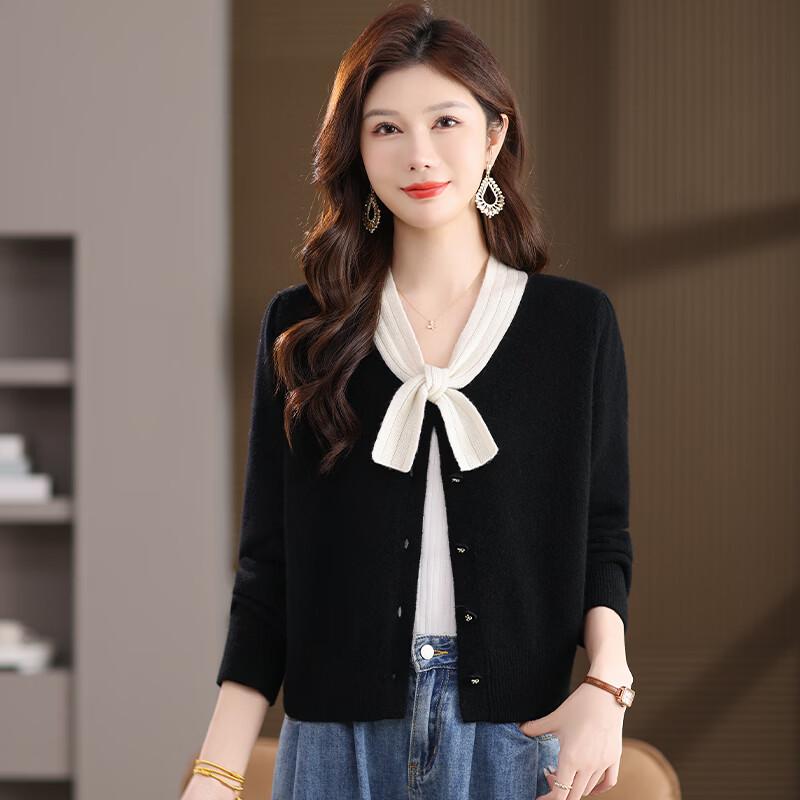 Caiyang Women's 100% Wool Bow Collar Knit Cardigan