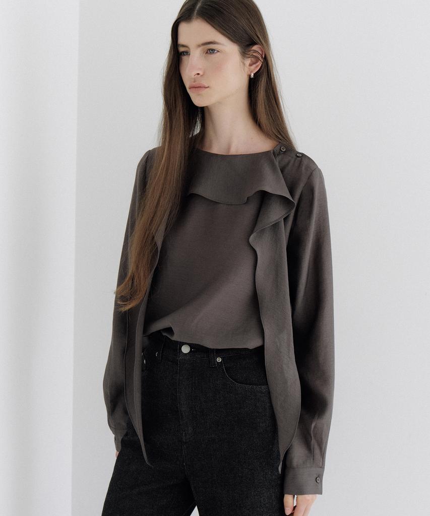 AWOKOMOSEU Scarf Button Blouse (Charcoal) Orc 6111