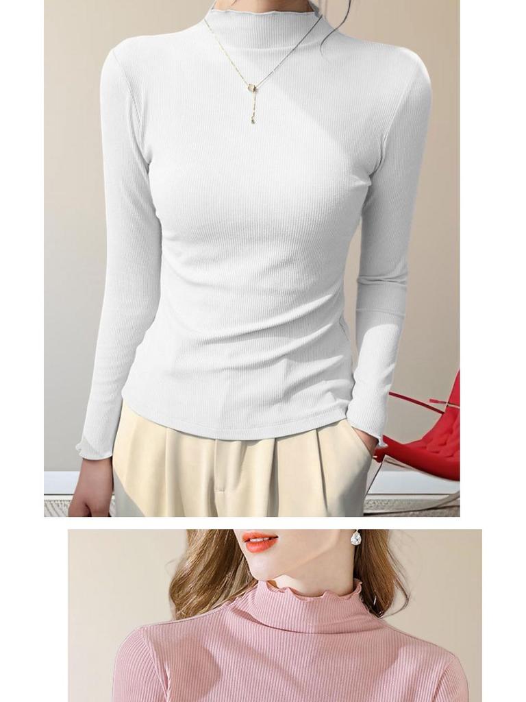 Women's Modal High Neck Long Sleeve Shirt - Elastic Slim Fit, Trendy Thin Style for Spring, Autumn, and Winter.