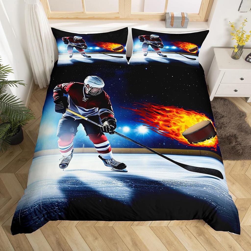 Ice Hockey Duvet Cover Twin Queen Hockey Sport Player Bedding Set Winter Extreme Sport Game Comforter Cover for Boys Teens Adult