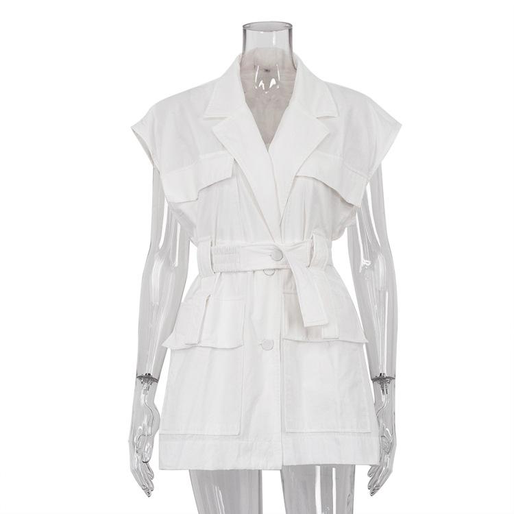 women s Sleeveless Cargo Lapel Multi Pocket Belted Loose Fit Shirt Streetwear Casual Blouse Top S белый