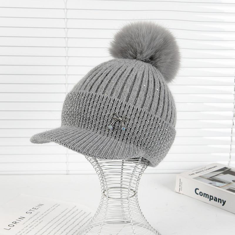 Winter New Duck Tongue Wool Hat Women's Thickened Warm Ear Protection Hairball Knitted Hat Cycling Cold Hat