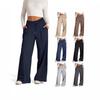 Women Casual Solid Drawstring Waist Wide Leg Straight Pants