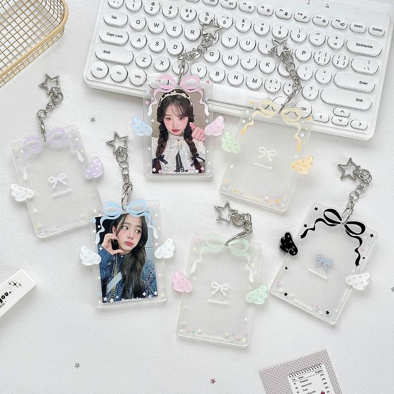 Acrylic Pocard Holder With Cute Bow Wing Design Star Keychain For Fans Collect Idol Pos School Id Badges