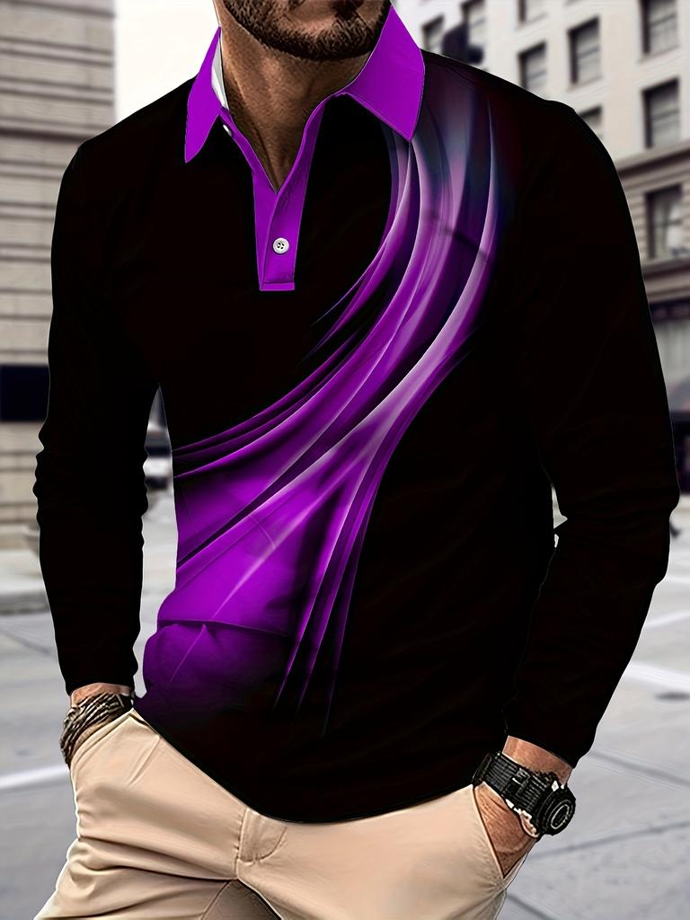 Essential long-sleeve polo shirt, abstract design, casual men's fashion.