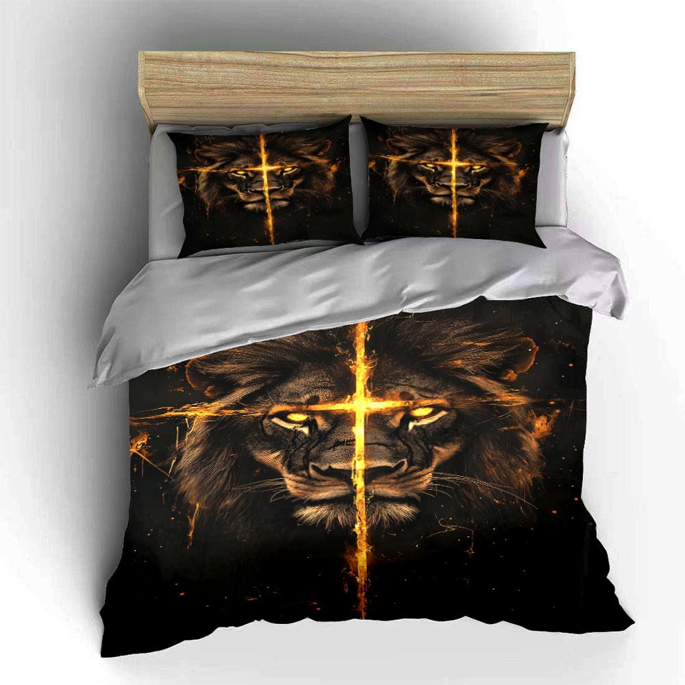 Fiery Lion Face with Cross Bedding Duvet Cover Set (1*Duvet Cover 2*Pillowcases, Without Duvet Insert)