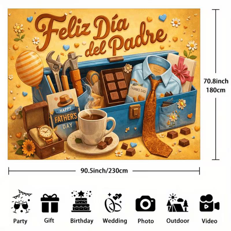 2D Spanish Father's Day Backdrop Tools, Coffee & Gifts Photography Background