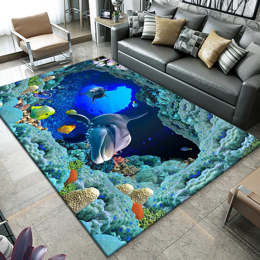 Creative Ocean 3D Dolphin Cave Lava Carpet for Living Room Decor Sofa Rug Kid's Play Mat Bedroom Bedside Soft Rug Doormat