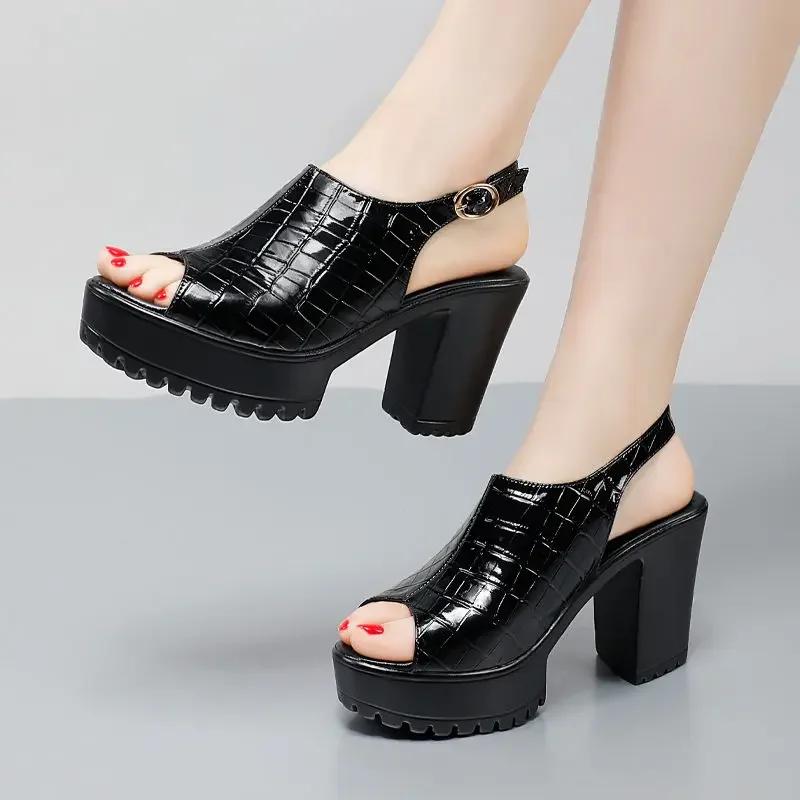 Small Size 32-43 Elegant  Block High Heels Sandals Patent Leather Shoes Summer 2025 Thick Platform Sandals Women Office Model