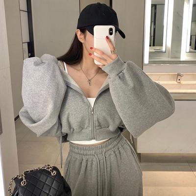 Kore Kapşonlu Hırka Sweatshirt Seti Minyon Kadınlar İçin Düz Renk Rahat Bol Üst Yüksek Bel Düz Paça Pantolon İki Parçalı Set