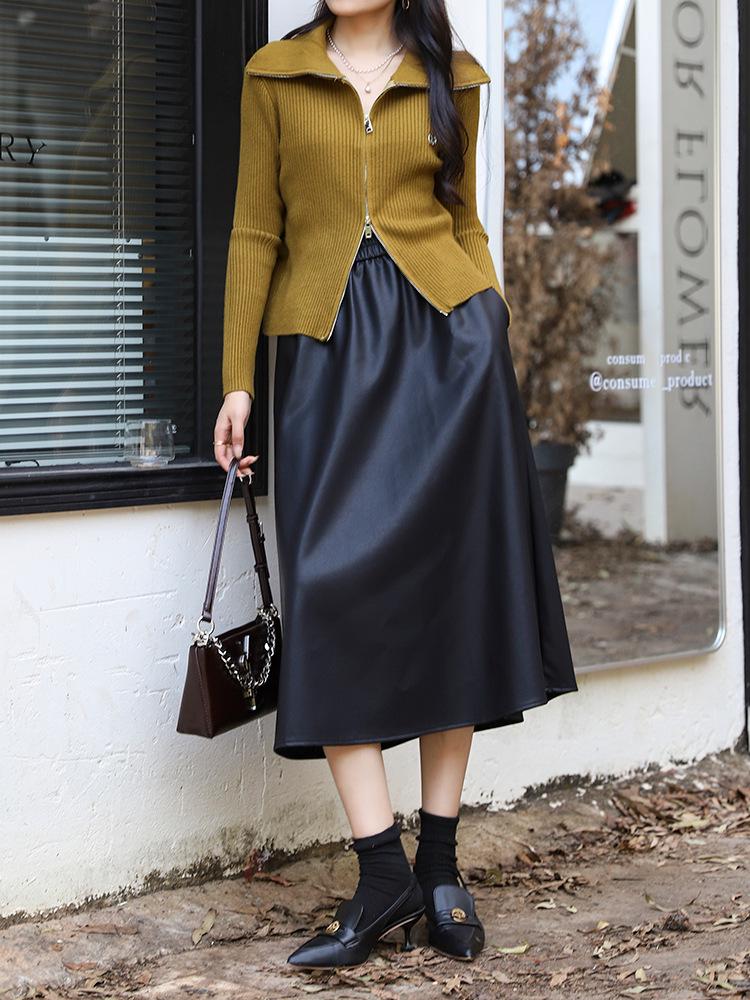 Damen Midirock in A-Linie mit hoher Taille aus PU-Leder – Schlankmachend, vielseitig, perfekt für Herbst und Winter