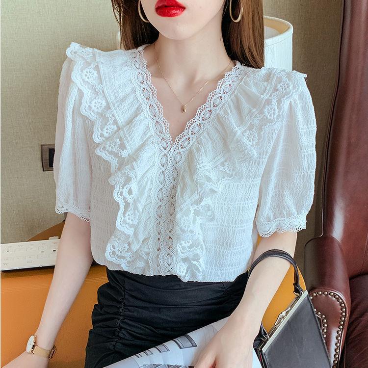 V Neck Lace Blouse Summer Fashion Flounce Short Sleeve T Shirt Women Trendy Youthful Top