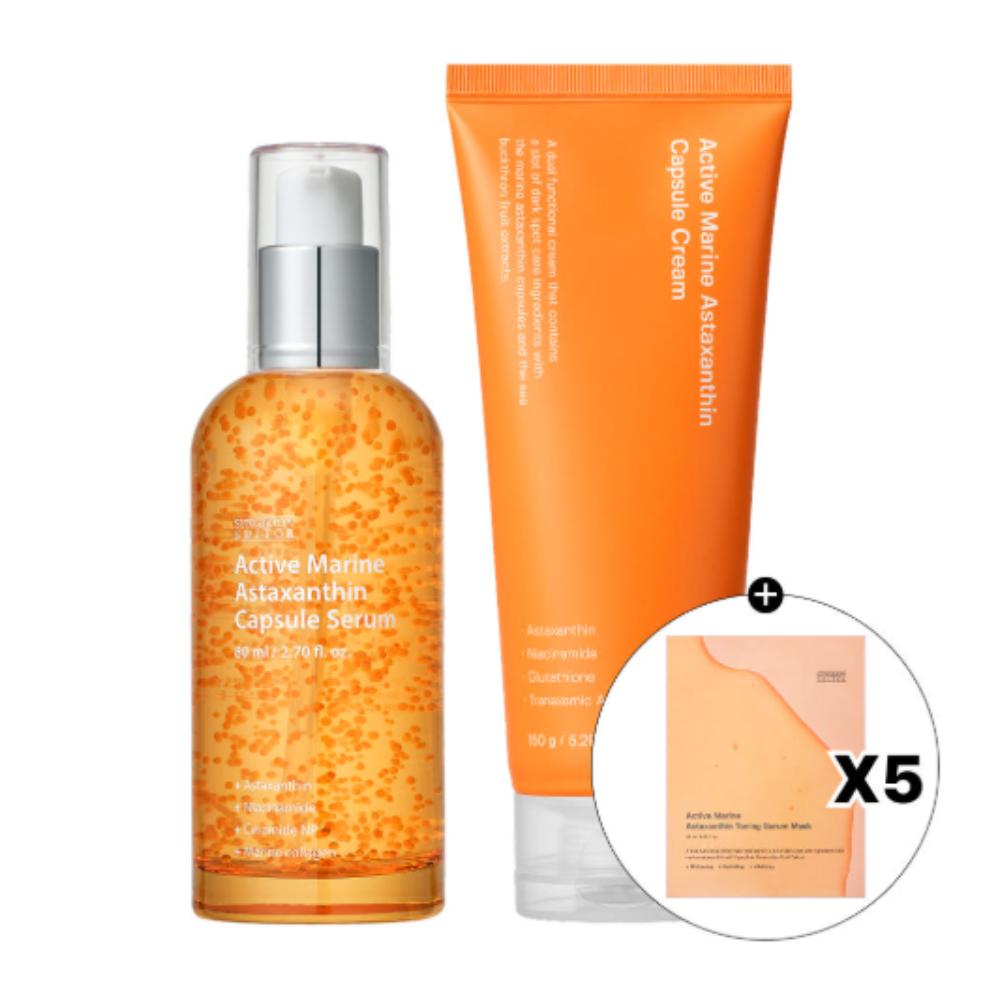 SUNGBOON EDITOR Active Marine Astaxanthin Jumbo Size Set (Cream 150g + Serum 80ml + Mask 5 Sheets) | Intensive Brightening & Antioxidant Care