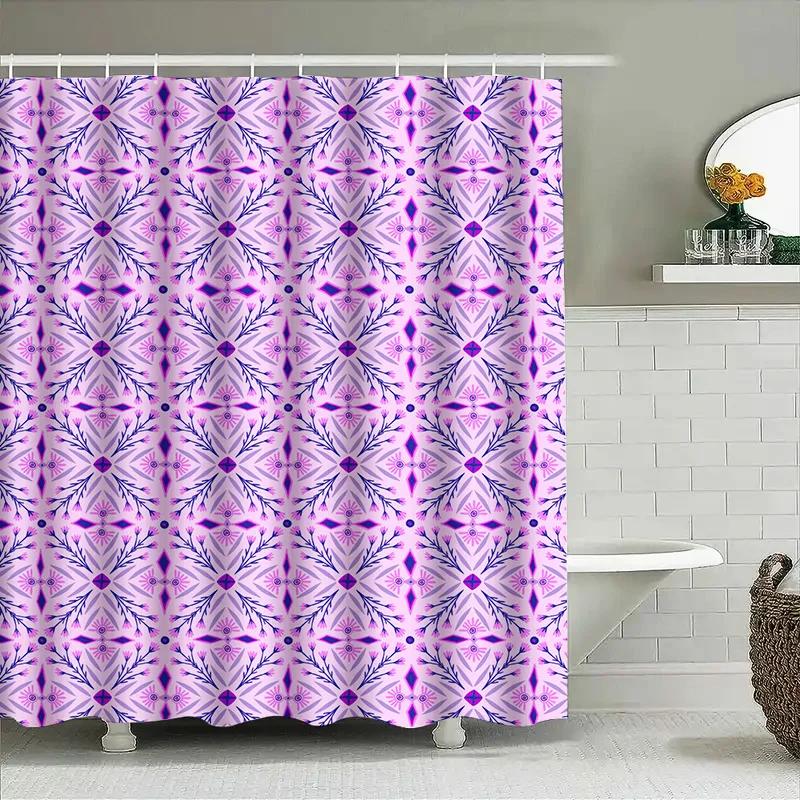 Pink Blue Floral Geometric Shower Curtain For Bathroom Decoration Printed Polyester Fabric With Rings