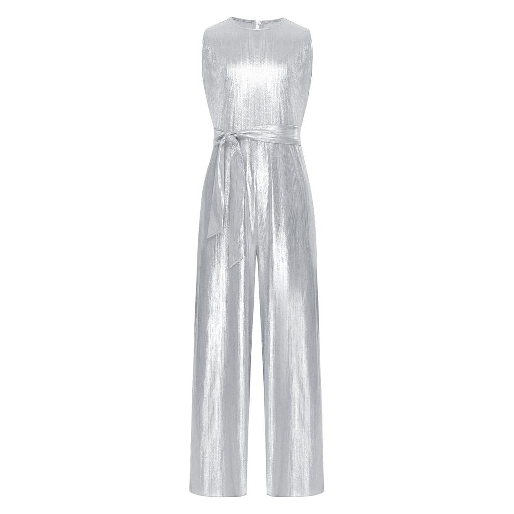 Mono de Concurso de Cumpleaños para Niñas Sin Mangas Cuello Redondo Metálico Acanalado Mameluco Pierna Ancha Body Detalle de Cinturón