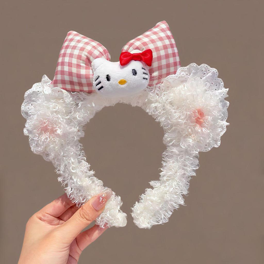 Cute KT Cat Bow Plush Headband for Women, Photo Hair Clip, High Top Headband, Face Washing Accessory