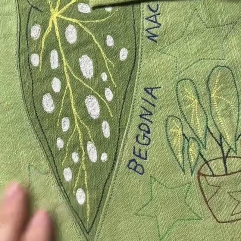 Hand-Stitched Applique Linen Book Sleeve, Begonia Maculata Embroidery A6 Journal Cover, Tie Strap Notebook Protector
