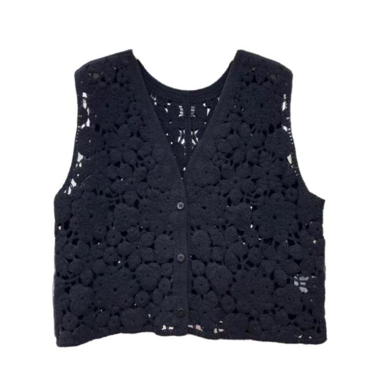 

Женский вязаный крючком жилет свободного кроя - Вязаный шерстяной топ без рукавов большого размера для начала осени One Size чёрный