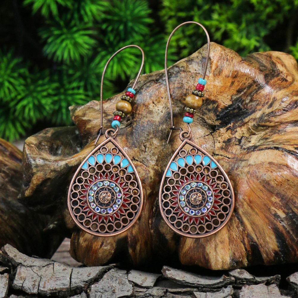 Bohemian Fashion Earrings Alloy Oil Drop Vintage Geometric Round Turquoise Inlaid Exquisite Dot Zircon Ear Zircon Wholesale