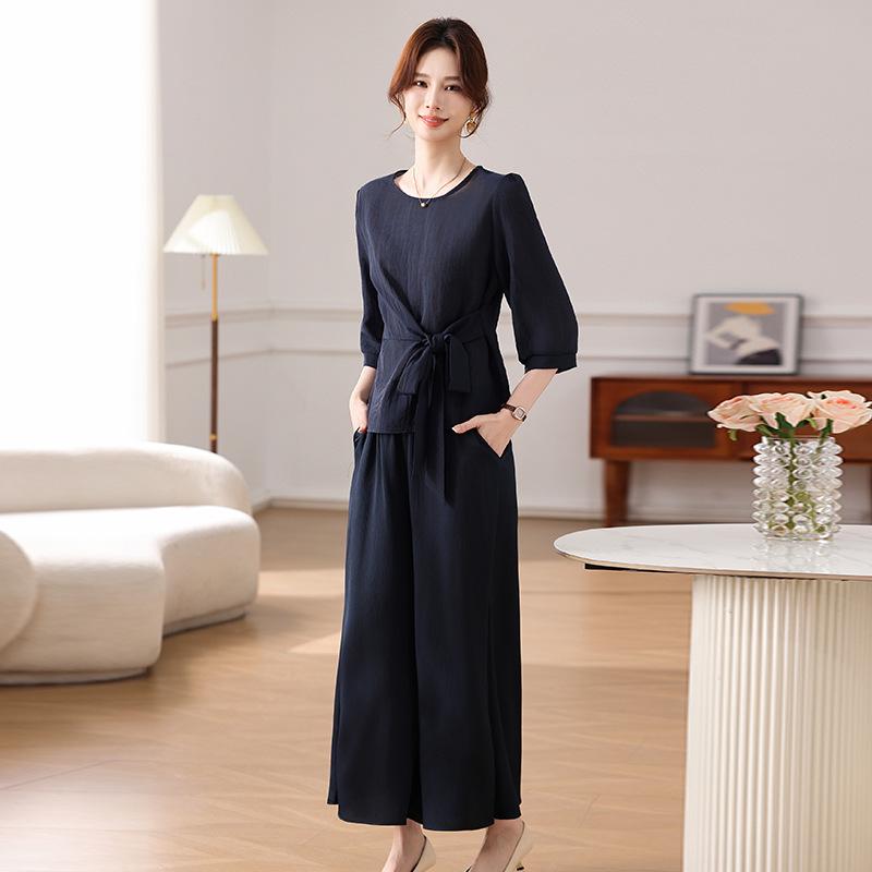 

2026 Spring/Summer Elegant Two-Piece Suit for Middle-Aged & Elderly Women - New Chinese Style Fashion with Lace-Up Design 2XL (105-115 Jin)